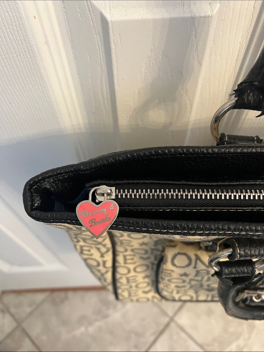 Dooney & Bourke Cream and Black Signature Logo Tote - Picture 2 of 6